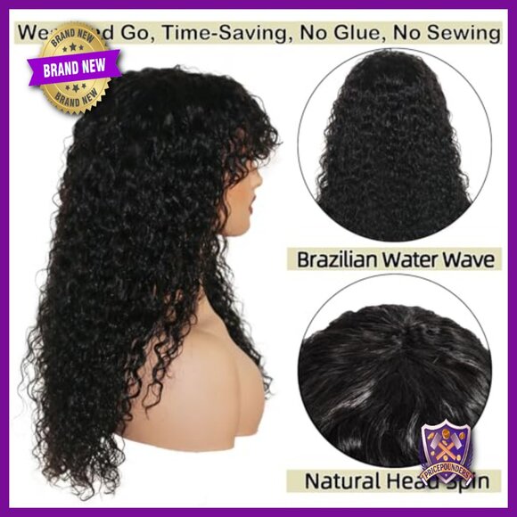 22 Inch Deep Wave Human Hair Wig with Bangs Glueless Non-Lace Front main image 4